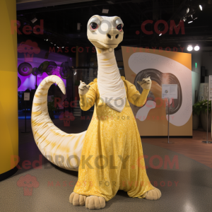 Gold Brachiosaurus mascot costume character dressed with a Circle Skirt and Scarves