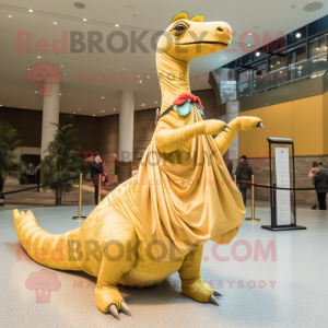 Gold Brachiosaurus mascot costume character dressed with a Circle Skirt and Scarves