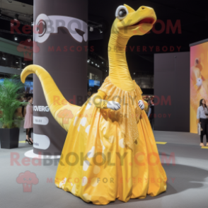 Gold Brachiosaurus mascot costume character dressed with a Circle Skirt and Scarves