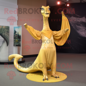 Gold Brachiosaurus mascot costume character dressed with a Circle Skirt and Scarves