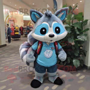 Sky Blue Raccoon mascot costume character dressed with a V-Neck Tee and Backpacks
