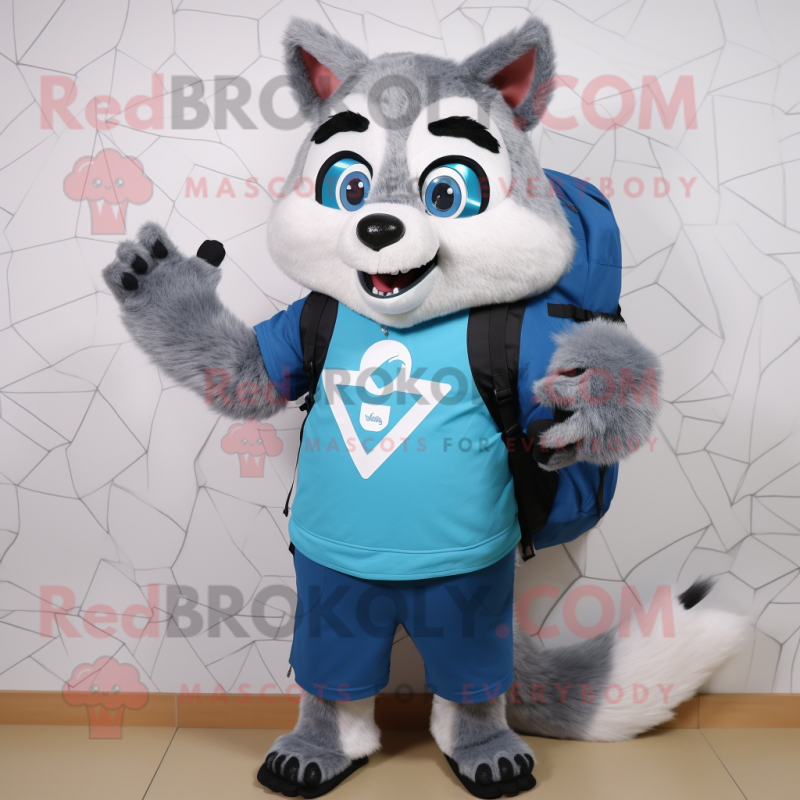 Sky Blue Raccoon mascot costume character dressed with a V-Neck Tee and Backpacks