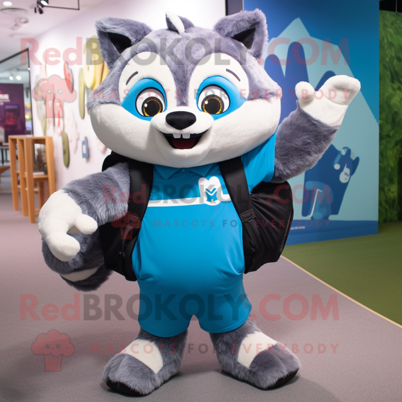 Sky Blue Raccoon mascot costume character dressed with a V-Neck Tee and Backpacks