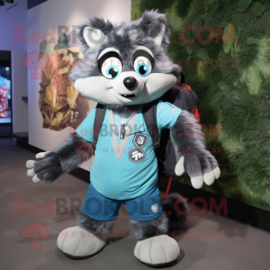 Sky Blue Raccoon mascot costume character dressed with a V-Neck Tee and Backpacks