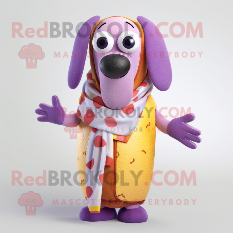 Lavender Hot Dog mascot costume character dressed with a Sweater and Wraps Lavender Hot Dog mascot costume character dressed with a Sweater and Wraps