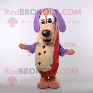 Lavender Hot Dog mascot costume character dressed with a Sweater and Wraps