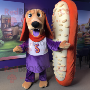 Lavender Hot Dog mascot costume character dressed with a Sweater and Wraps