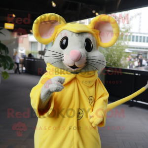 Lemon Yellow Rat mascot costume character dressed with a Cover-up and Mittens