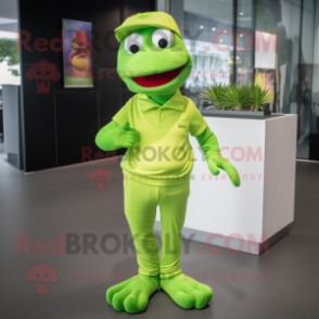 Lime Green Aglet mascot costume character dressed with a Polo Tee and Wraps