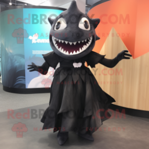 Black Shark mascot costume character dressed with a Maxi Dress and Hair clips