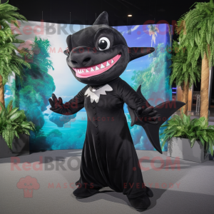 Black Shark mascot costume character dressed with a Maxi Dress and Hair clips