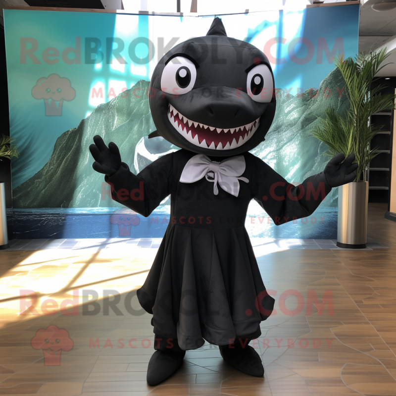 Black Shark mascot costume character dressed with a Maxi Dress and Hair clips