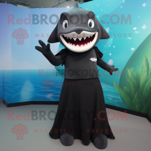 Black Shark mascot costume character dressed with a Maxi Dress and Hair clips