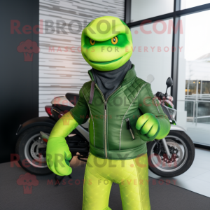 Lime Green Snake mascot costume character dressed with a Moto Jacket and Beanies