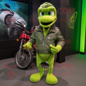 Lime Green Snake mascot costume character dressed with a Moto Jacket and Beanies