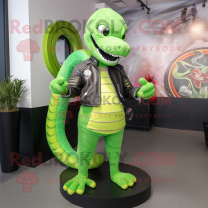 Lime Green Snake mascot costume character dressed with a Moto Jacket and Beanies