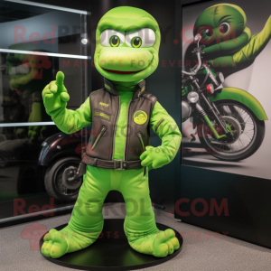 Lime Green Snake mascot costume character dressed with a Moto Jacket and Beanies