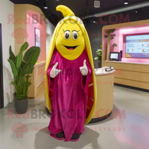 Magenta Banana mascot costume character dressed with a Dress and Shawls