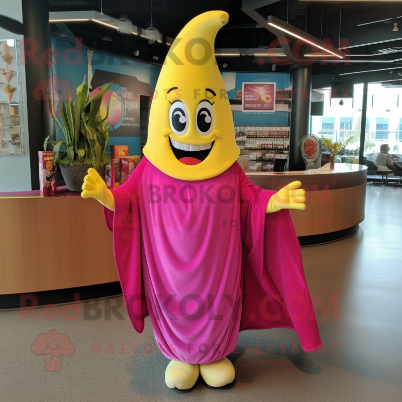 Magenta Banana mascot costume character dressed with a Dress and Shawls