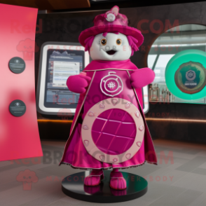 Magenta Celtic Shield mascot costume character dressed with a Cocktail Dress and Hat pins