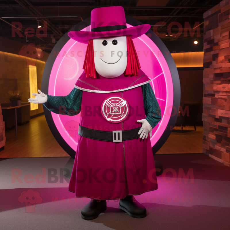 Magenta Celtic Shield mascot costume character dressed with a Cocktail Dress and Hat pins Magenta Celtic Shield mascot costume character dressed with a Cocktail Dress and Hat pins