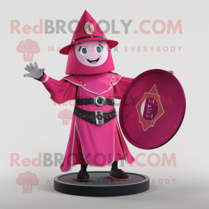 Magenta Celtic Shield mascot costume character dressed with a Cocktail Dress and Hat pins