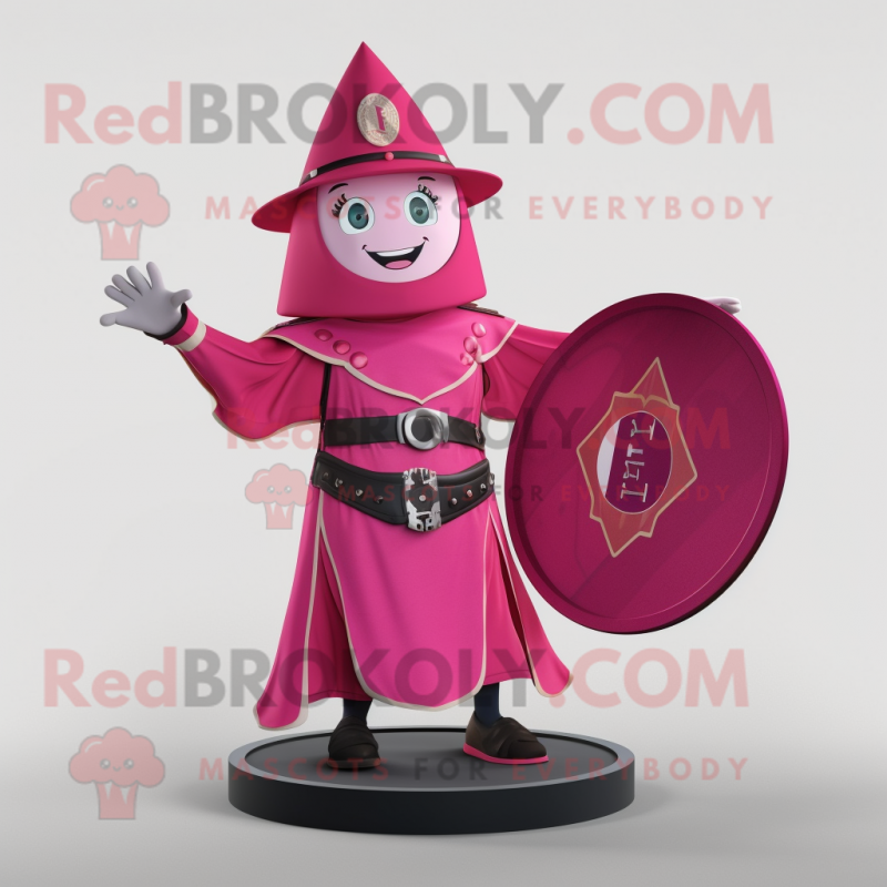 Magenta Celtic Shield mascot costume character dressed with a Cocktail Dress and Hat pins Magenta Celtic Shield mascot costume character dressed with a Cocktail Dress and Hat pins