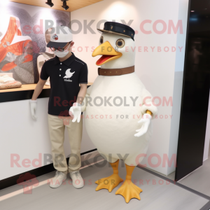 Cream Pigeon mascot costume character dressed with a Graphic Tee and Hats