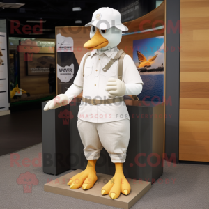 Cream Pigeon mascot costume character dressed with a Graphic Tee and Hats