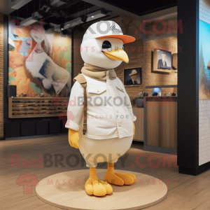 Cream Pigeon mascot costume character dressed with a Graphic Tee and Hats