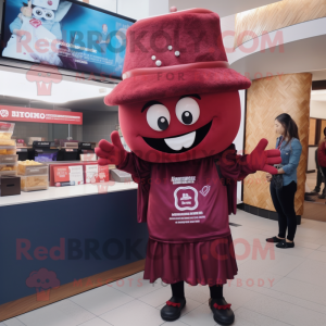 Maroon Enchiladas mascot costume character dressed with a T-Shirt and Berets