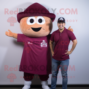 Maroon Enchiladas mascot costume character dressed with a T-Shirt and Berets