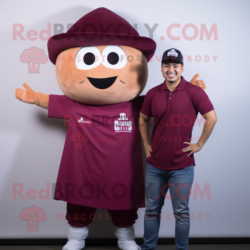 Maroon Enchiladas mascot costume character dressed with a T-Shirt and Berets Maroon Enchiladas mascot costume character dressed with a T-Shirt and Berets