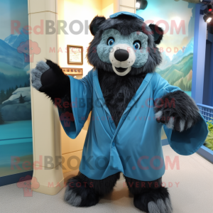 Blue Spectacled Bear mascot costume character dressed with a Cover-up and Mittens