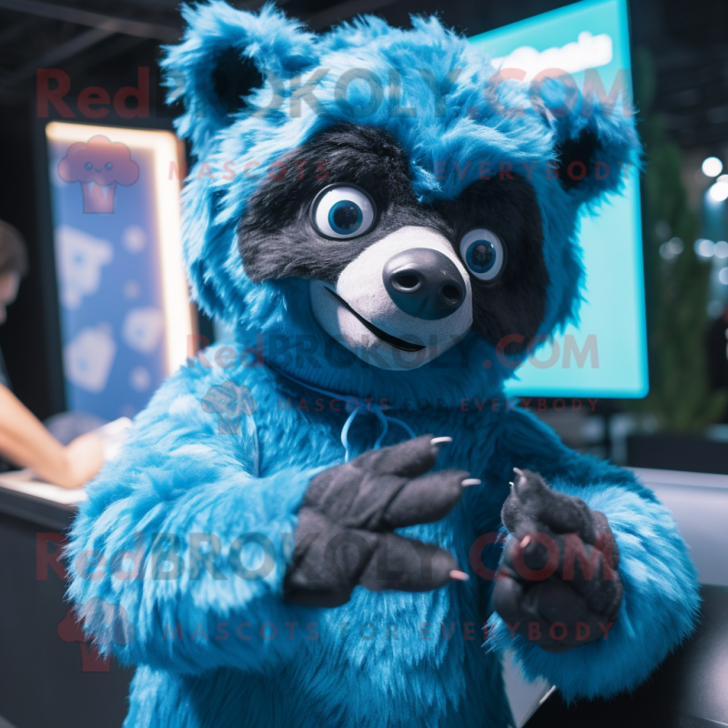 Blue Spectacled Bear mascot costume character dressed with a Cover-up and Mittens Blue Spectacled Bear mascot costume character dressed with a Cover-up and Mittens