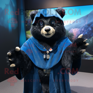 Blue Spectacled Bear mascot costume character dressed with a Cover-up and Mittens