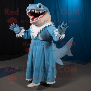 Sky Blue Megalodon mascot costume character dressed with a Empire Waist Dress and Mittens
