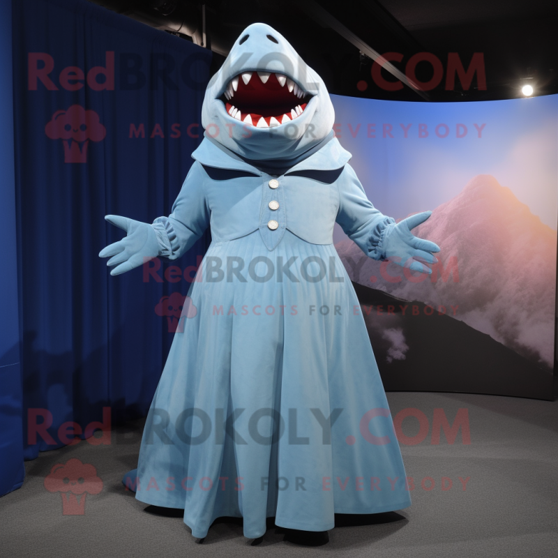 Sky Blue Megalodon mascot costume character dressed with a Empire Waist Dress and Mittens