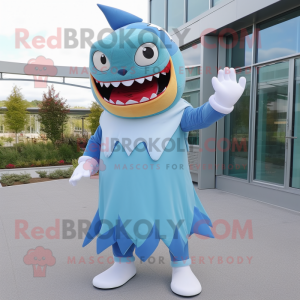 Sky Blue Megalodon mascot costume character dressed with a Empire Waist Dress and Mittens