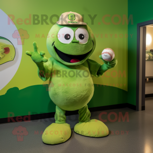 Lime Green Meatballs mascot costume character dressed with a Baseball Tee and Shoe clips