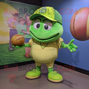 Lime Green Meatballs mascot costume character dressed with a Baseball Tee and Shoe clips