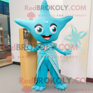 Maskotkarakter av en cyan...
