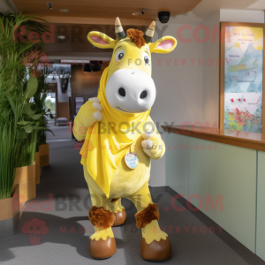 Lemon Yellow Guernsey Cow mascot costume character dressed with a Button-Up Shirt and Scarves