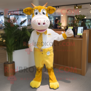 Lemon Yellow Guernsey Cow mascot costume character dressed with a Button-Up Shirt and Scarves