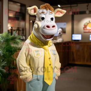 Lemon Yellow Guernsey Cow mascot costume character dressed with a Button-Up Shirt and Scarves