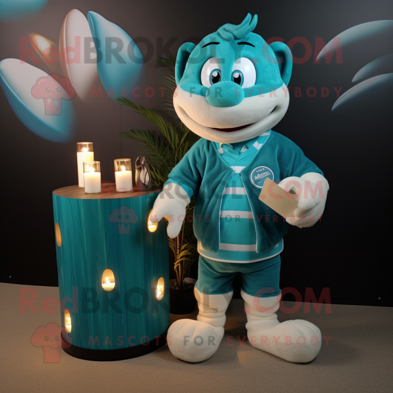 Teal Scented Candle mascot costume character dressed with a Rugby Shirt and Wraps Teal Scented Candle mascot costume character dressed with a Rugby Shirt and Wraps