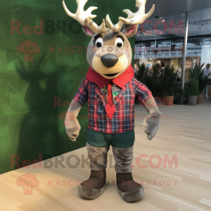 Olive Reindeer mascot costume character dressed with a Flannel Shirt and Bracelets