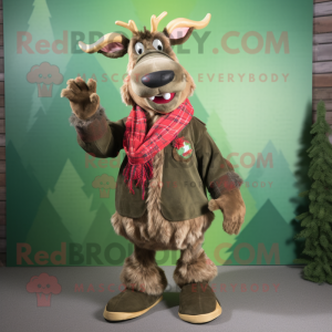 Olive Reindeer mascot costume character dressed with a Flannel Shirt and Bracelets