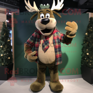 Olive Reindeer mascot costume character dressed with a Flannel Shirt and Bracelets