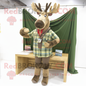 Olive Reindeer mascot costume character dressed with a Flannel Shirt and Bracelets